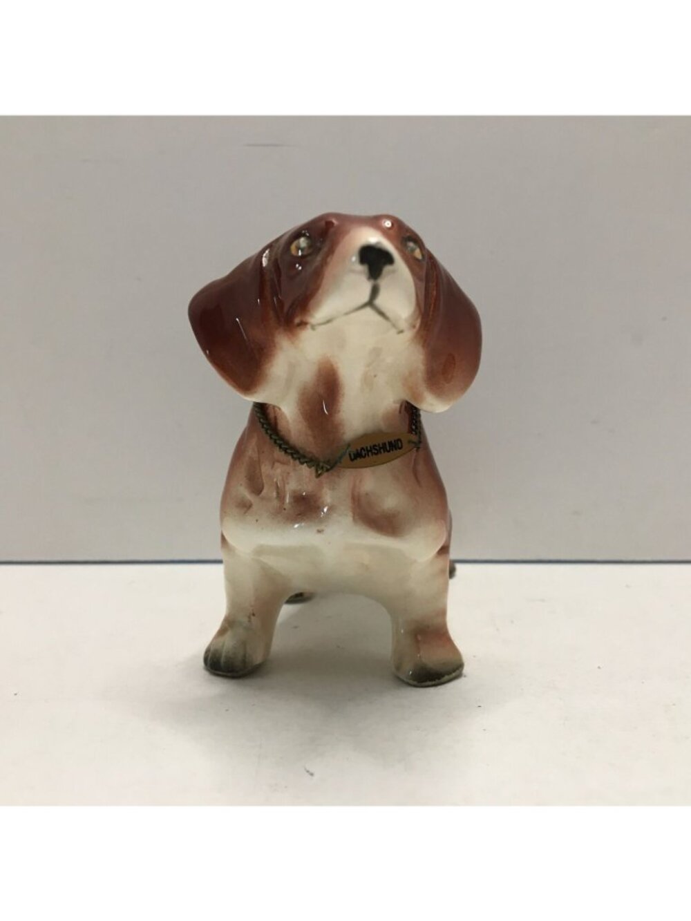 Ceramic Dachshund Dog Hand Painted Figurine Red Brown Collar Chain Japan - Picture 3 of 12